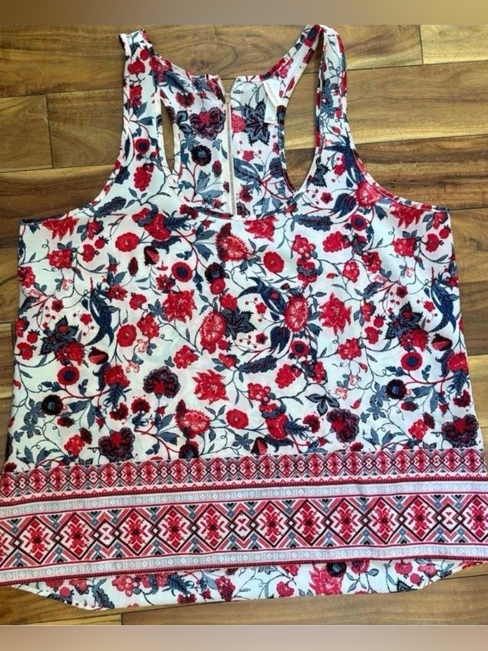 Xhilaration White Racerback Tank with Red & Navy Floral Print
